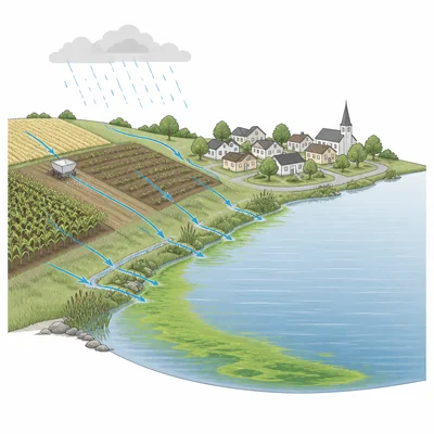 Diagram of fertilizer runoff flowing from farm fields into a lake near a town.