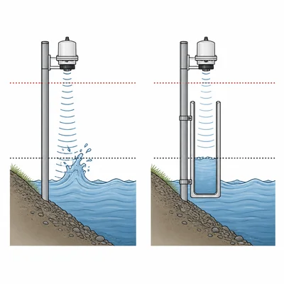 Diagram of a water-level sensor affected by wave splashes, with a protective stilling tube redesign.
