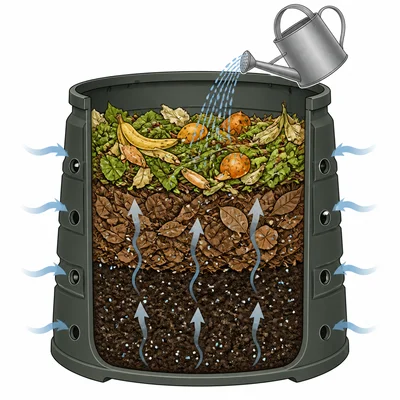 Cutaway diagram of a compost bin showing organic layers, moisture, airflow, and microorganisms.