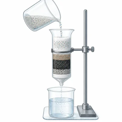 Diagram of cloudy water with microplastic particles being filtered through a student-built filter into a clean beaker.