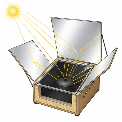 Diagram of a box solar oven using reflective panels to focus sunlight into an insulated cooking chamber.