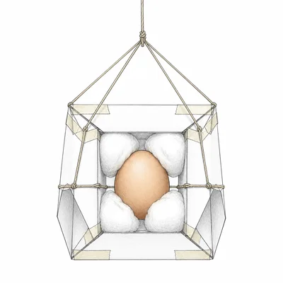 Engineering sketch of an egg cushioned inside a lightweight paper, string, tape, and cotton ball drop-protection device.