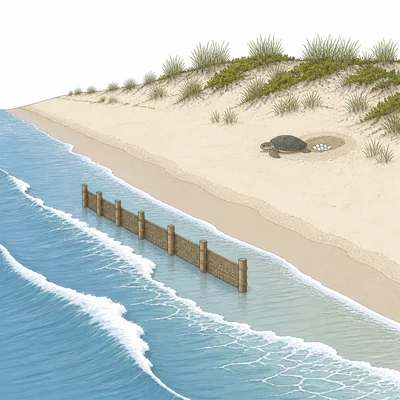 Diagram of a beach erosion barrier positioned to protect the shoreline while preserving sea turtle nesting space.