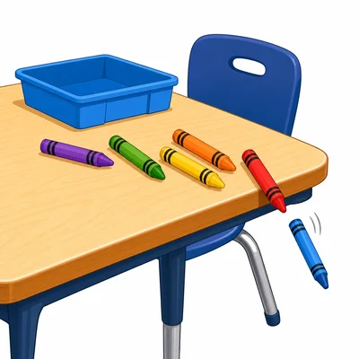 Crayons rolling toward the edge of a classroom table with a tray nearby.