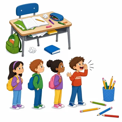 Classroom problems including a messy desk, noisy line, and lost pencils.