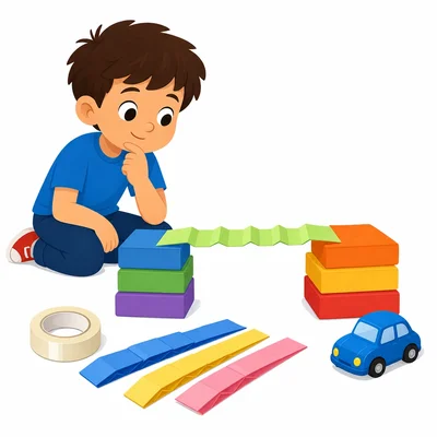 A child plans a paper bridge for a toy car using paper, tape, and supports.