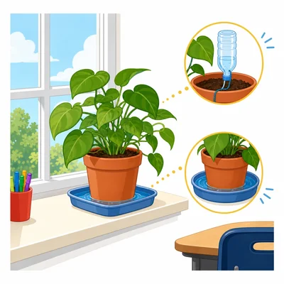 A potted plant with simple self-watering ideas beside it.
