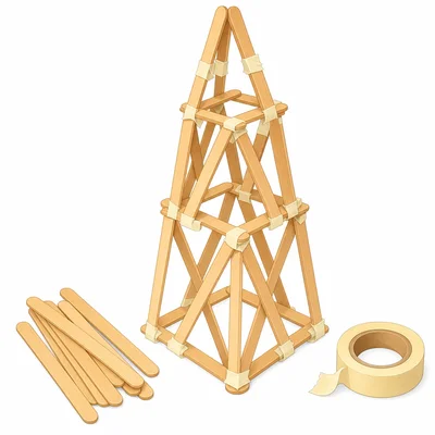 A craft-stick and tape tower standing on a table.