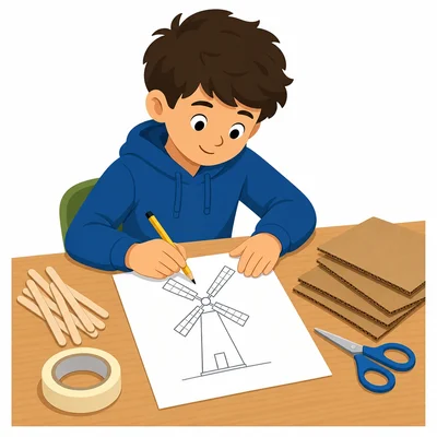 A student draws a windmill design before building it.