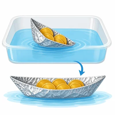 A foil boat tips in water while holding coins, with a wider boat idea nearby.