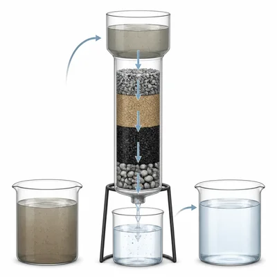 Cloudy water passes through a layered filter and becomes clearer in a collection container.