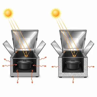 Two solar ovens are compared, one losing more heat and one retaining heat with thicker insulation.