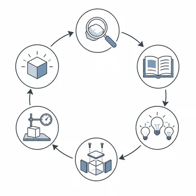 A circular diagram shows six stages of the engineering design process connected by arrows.