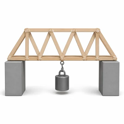 A craft-stick truss bridge prototype supports a hanging weight during a strength test.