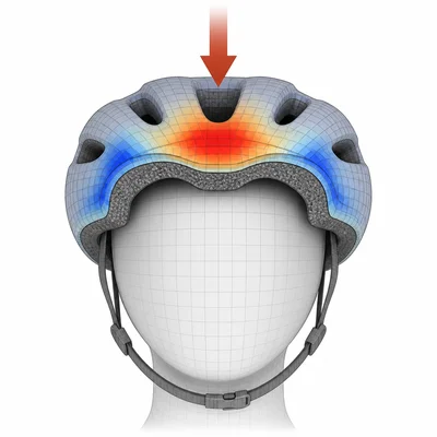 A simulated impact test shows stress patterns on a bike helmet over a head form.
