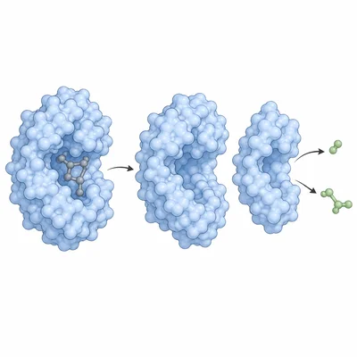 An enzyme binds a substrate and releases products.