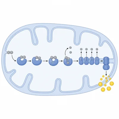 Enzymes guide molecules through cellular respiration in a mitochondrion.
