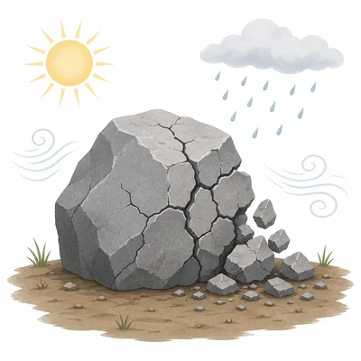 A cracked rock breaking into smaller pieces from natural weathering.