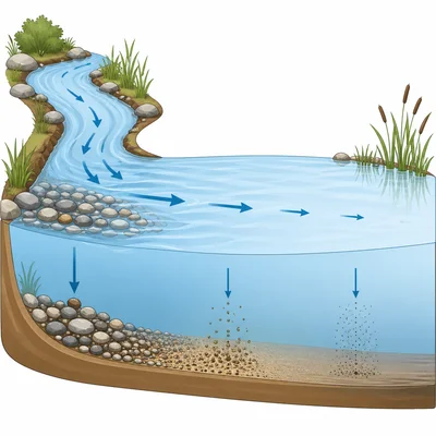 Large sediments settling first while smaller sediments travel farther in slow water.