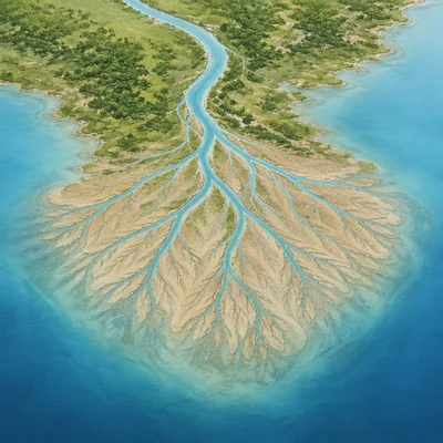 A fan-shaped river delta formed by deposited sediment.