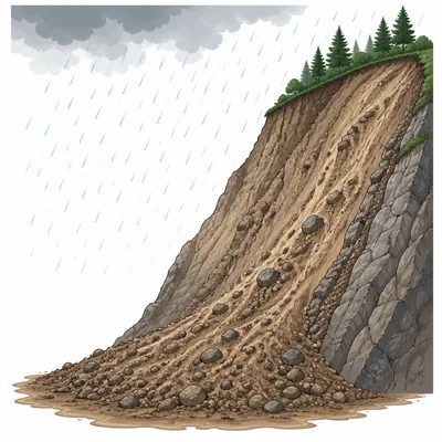 Soil eroding down a rainy hillside and depositing at the bottom.