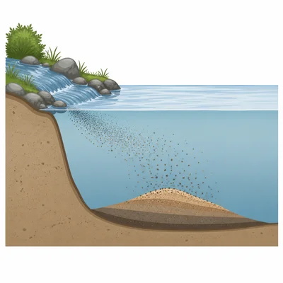 Sediment settling out of slow-moving water and forming layers.