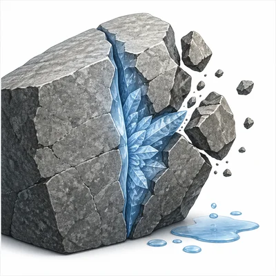 Water freezing inside a rock crack and splitting the rock apart.
