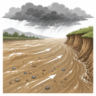 Storm water in a river carrying sand and pebbles downstream.