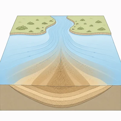 A river mouth where mud and sand are deposited in layers.