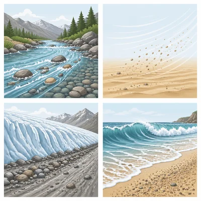 Water, wind, ice, and waves moving sediment as agents of erosion.