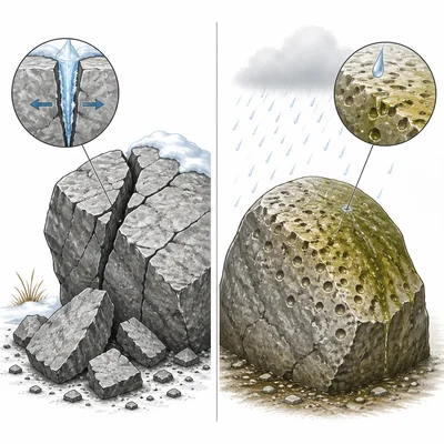Mechanical cracking of rock beside chemical dissolving of rock.