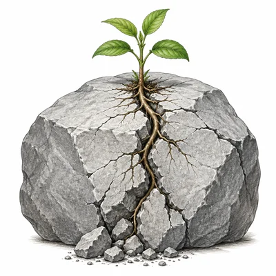 Plant roots growing into rock cracks and breaking the rock apart.