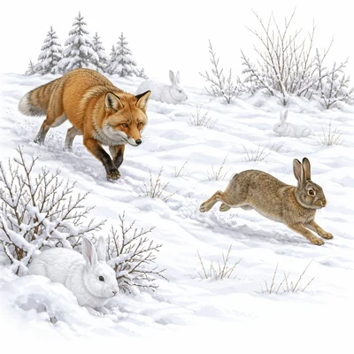 Fox in snow more easily seeing brown rabbits than white rabbits.