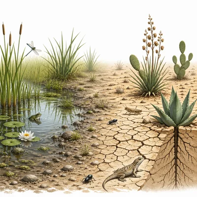 Wet habitat changing into a dry habitat with drought-tolerant traits shown.