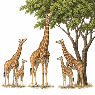 Giraffes with different neck lengths near tall trees, showing natural variation.