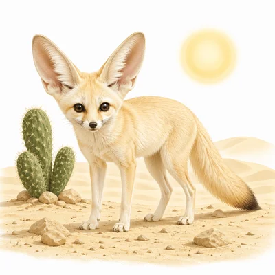 Fennec fox in a desert with large ears and light fur.