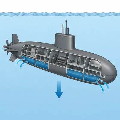 A submarine taking water into ballast tanks and diving.