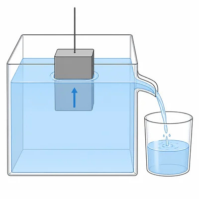 An object displacing water in an overflow container with an upward buoyant force arrow.