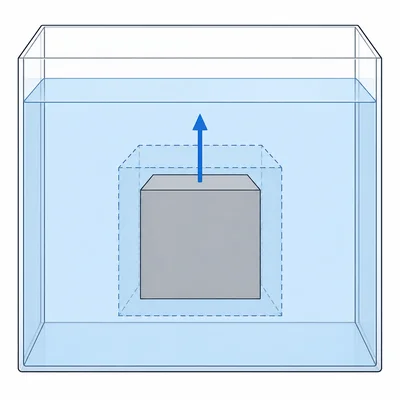A fully submerged block in water with an upward buoyant force arrow.