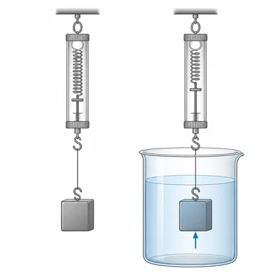 An object weighed in air and then submerged in water showing buoyant force.