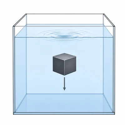 A dense metal cube sinking in a tank of water.