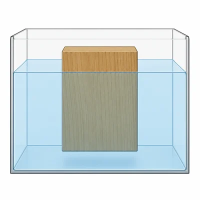 A wooden block floating with part above water and most of it submerged.