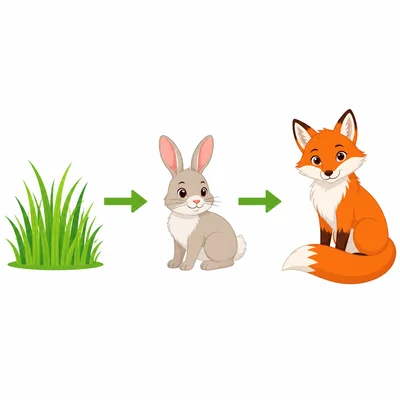 Grass, a rabbit, and a fox connected by arrows in a food chain.