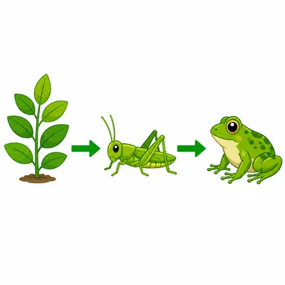 A plant, grasshopper, and frog connected by arrows.