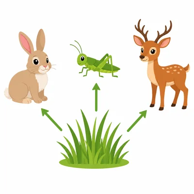 Grass connected by arrows to a rabbit, grasshopper, and deer.