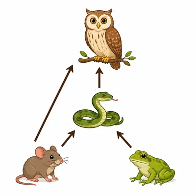 A food web with mouse, frog, snake, and owl connected by arrows.