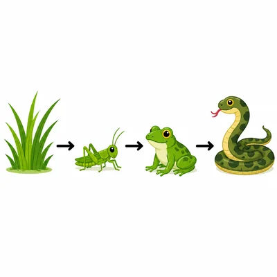 Grass, grasshopper, frog, and snake connected in a food chain.