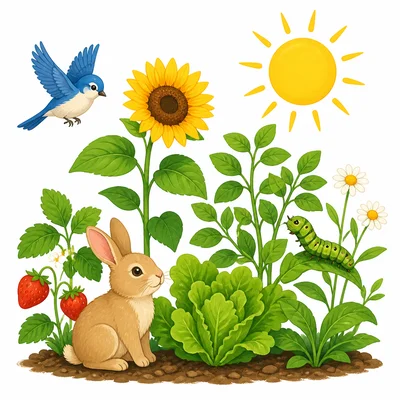 Plants under the sun with animals nearby.