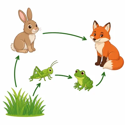 A food web with grass, rabbit, grasshopper, frog, and fox connected by arrows.