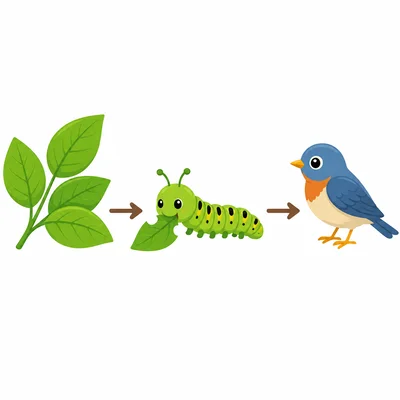 Leaves, a caterpillar, and a bird connected by arrows.